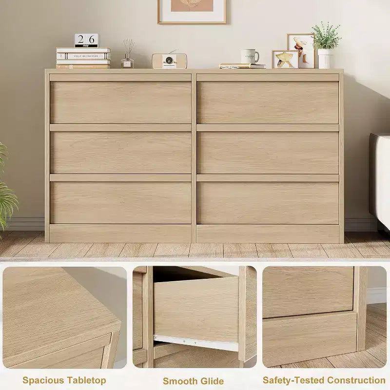 6 Drawer Dresser, 46.7 Wide Modern Double Dresser Organizer, Wooden Chest of Drawers, with Concave Handles, Large Storage, for Living Room