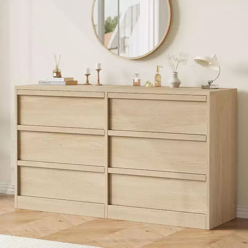 6 Drawer Dresser, 46.7 Wide Modern Double Dresser Organizer, Wooden Chest of Drawers, with Concave Handles, Large Storage, for Living Room