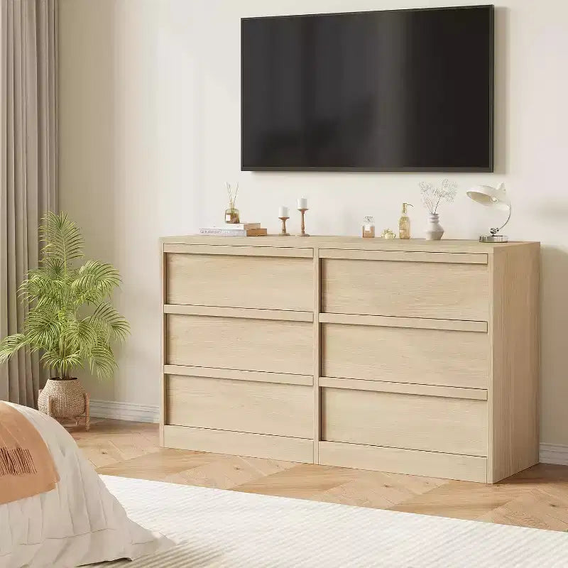 6 Drawer Dresser, 46.7 Wide Modern Double Dresser Organizer, Wooden Chest of Drawers, with Concave Handles, Large Storage, for Living Room