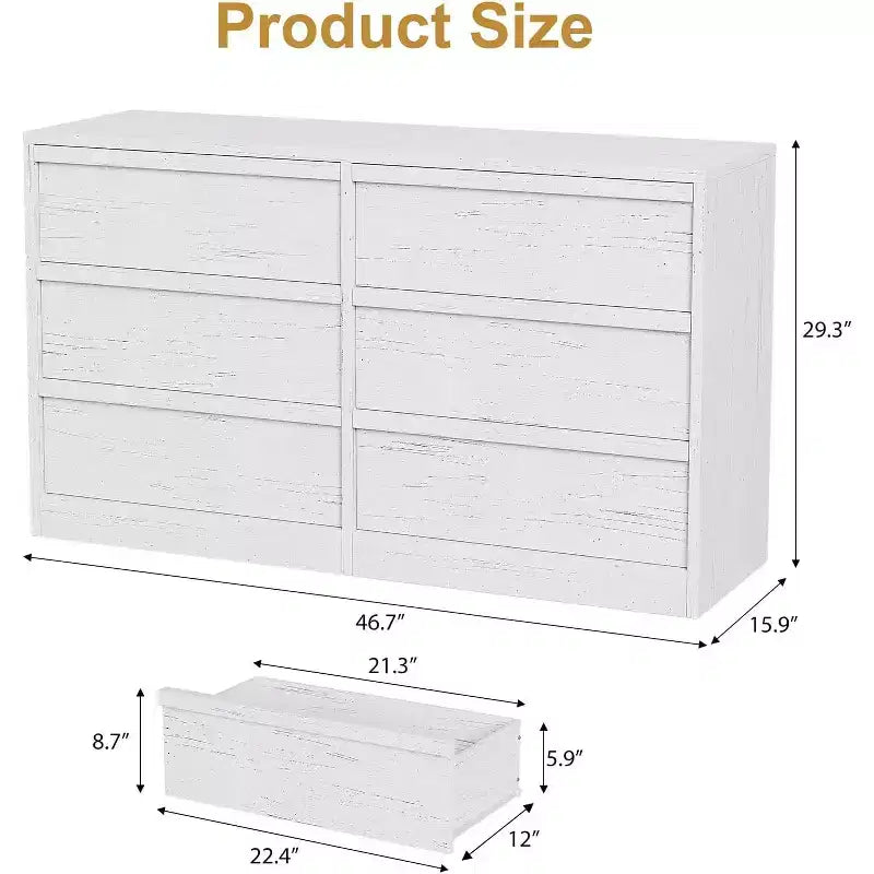 6 Drawer Dresser, 46.7 Wide Modern Double Dresser Organizer, Wooden Chest of Drawers, with Concave Handles, Large Storage, for Living Room
