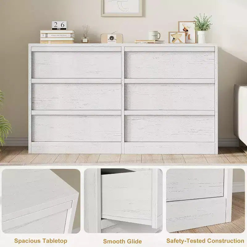6 Drawer Dresser, 46.7 Wide Modern Double Dresser Organizer, Wooden Chest of Drawers, with Concave Handles, Large Storage, for Living Room