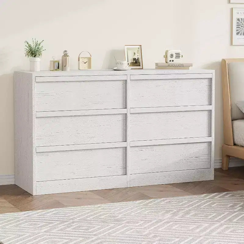 6 Drawer Dresser, 46.7 Wide Modern Double Dresser Organizer, Wooden Chest of Drawers, with Concave Handles, Large Storage, for Living Room