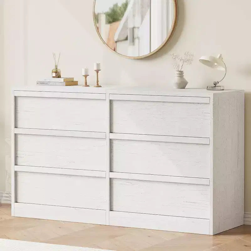 6 Drawer Dresser, 46.7 Wide Modern Double Dresser Organizer, Wooden Chest of Drawers, with Concave Handles, Large Storage, for Living Room