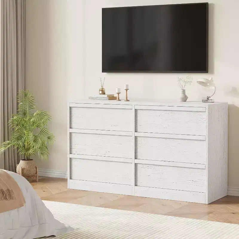 6 Drawer Dresser, 46.7 Wide Modern Double Dresser Organizer, Wooden Chest of Drawers, with Concave Handles, Large Storage, for Living Room