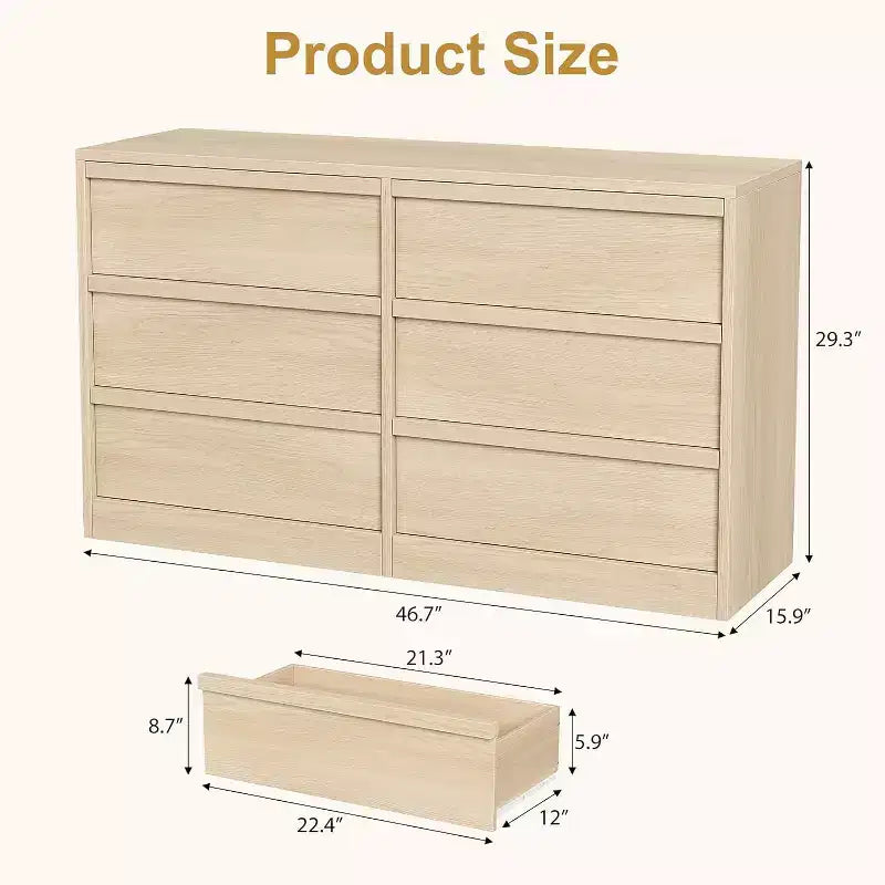 6 Drawer Dresser, 46.7 Wide Modern Double Dresser Organizer, Wooden Chest of Drawers, with Concave Handles, Large Storage, for Living Room