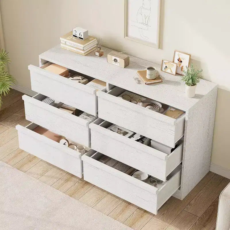 6 Drawer Dresser, 46.7 Wide Modern Double Dresser Organizer, Wooden Chest of Drawers, with Concave Handles, Large Storage, for Living Room