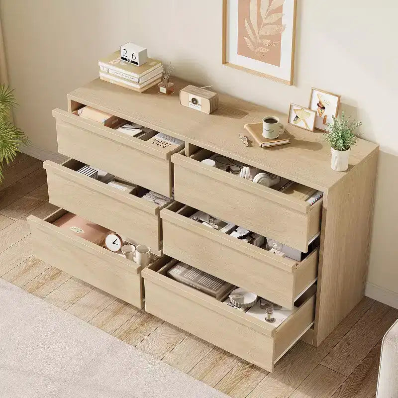 6 Drawer Dresser, 46.7 Wide Modern Double Dresser Organizer, Wooden Chest of Drawers, with Concave Handles, Large Storage, for Living Room