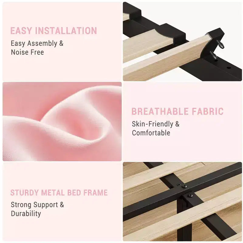 Bed Frame with Adjustable Headboard, Linen Upholstered Platform Bed Frame with Strong Wooden Slats, Mattress Foundation