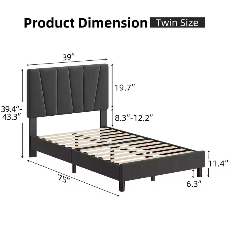 Bed Frame with Adjustable Headboard, Linen Upholstered Platform Bed Frame with Strong Wooden Slats, Mattress Foundation