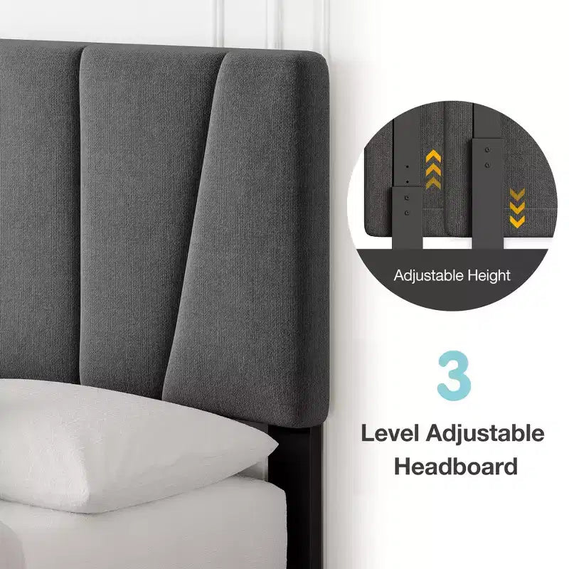 Bed Frame with Adjustable Headboard, Linen Upholstered Platform Bed Frame with Strong Wooden Slats, Mattress Foundation