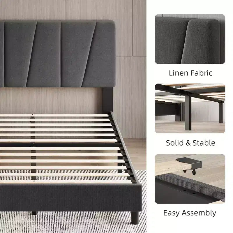 Bed Frame with Adjustable Headboard, Linen Upholstered Platform Bed Frame with Strong Wooden Slats, Mattress Foundation