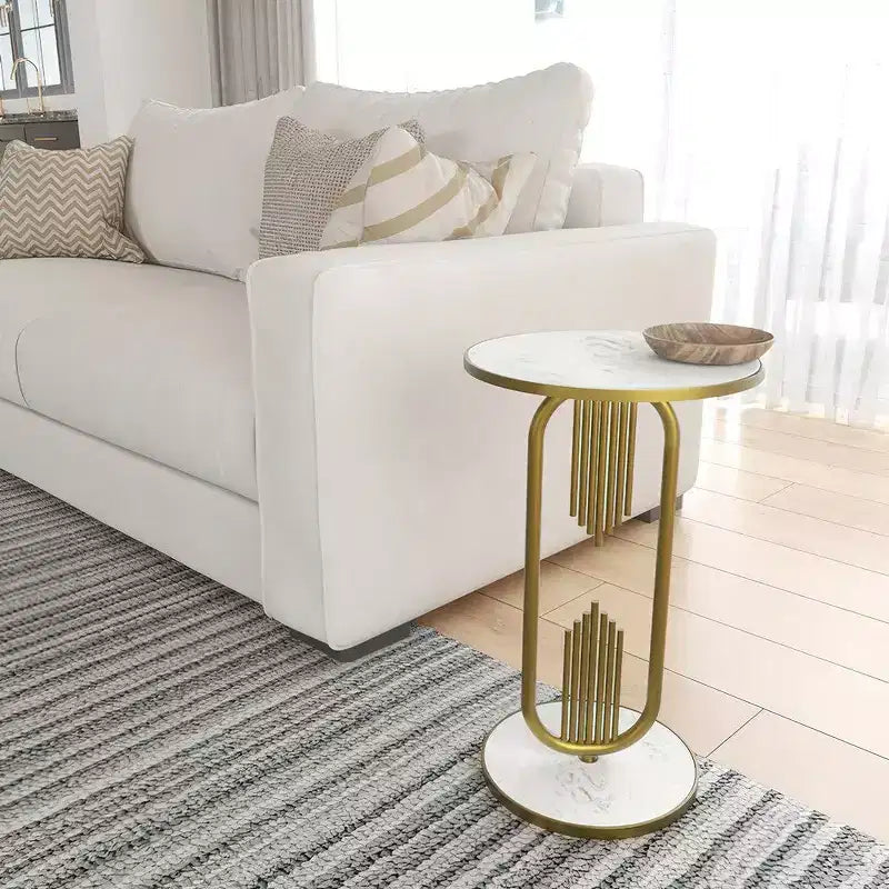 Royal Hampton Side End Table with Round Marble Top and Oblong Frame, 21 Height21 Inch Side End Table with Round Marble Top and Oblong Metal Frame