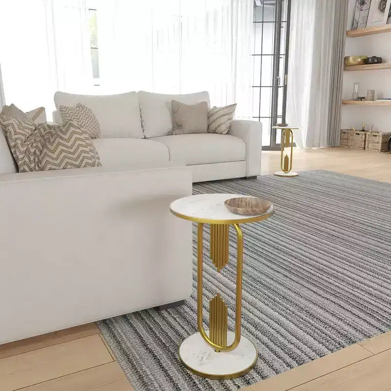 Royal Hampton Side End Table with Round Marble Top and Oblong Frame, 21 Height21 Inch Side End Table with Round Marble Top and Oblong Metal Frame