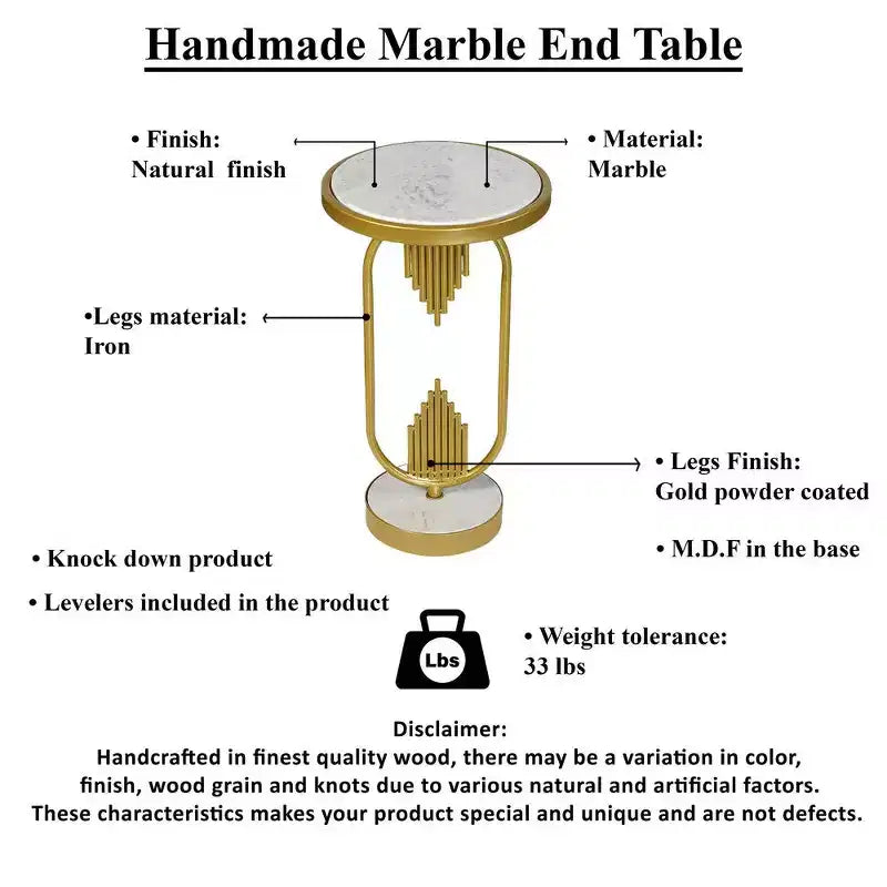 Royal Hampton Side End Table with Round Marble Top and Oblong Frame, 21 Height21 Inch Side End Table with Round Marble Top and Oblong Metal Frame