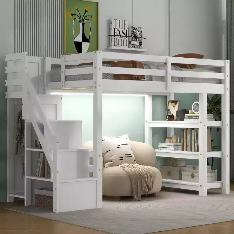 Merax Loft Bed with LED Light, Wardrobe and Ample Storage Space