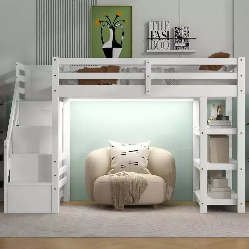 Merax Loft Bed with LED Light, Wardrobe and Ample Storage Space