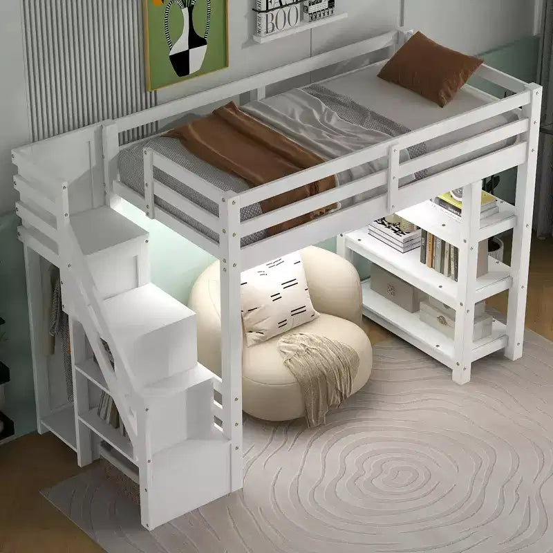 Merax Loft Bed with LED Light, Wardrobe and Ample Storage Space