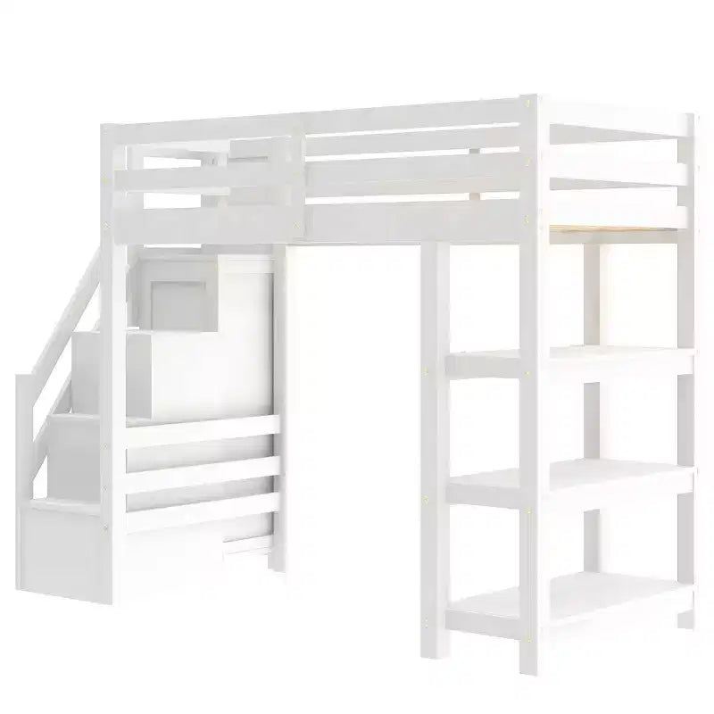 Merax Loft Bed with LED Light, Wardrobe and Ample Storage Space