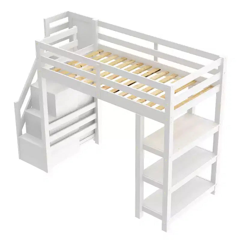 Merax Loft Bed with LED Light, Wardrobe and Ample Storage Space
