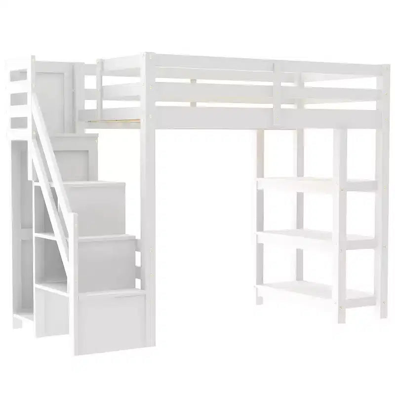 Merax Loft Bed with LED Light, Wardrobe and Ample Storage Space