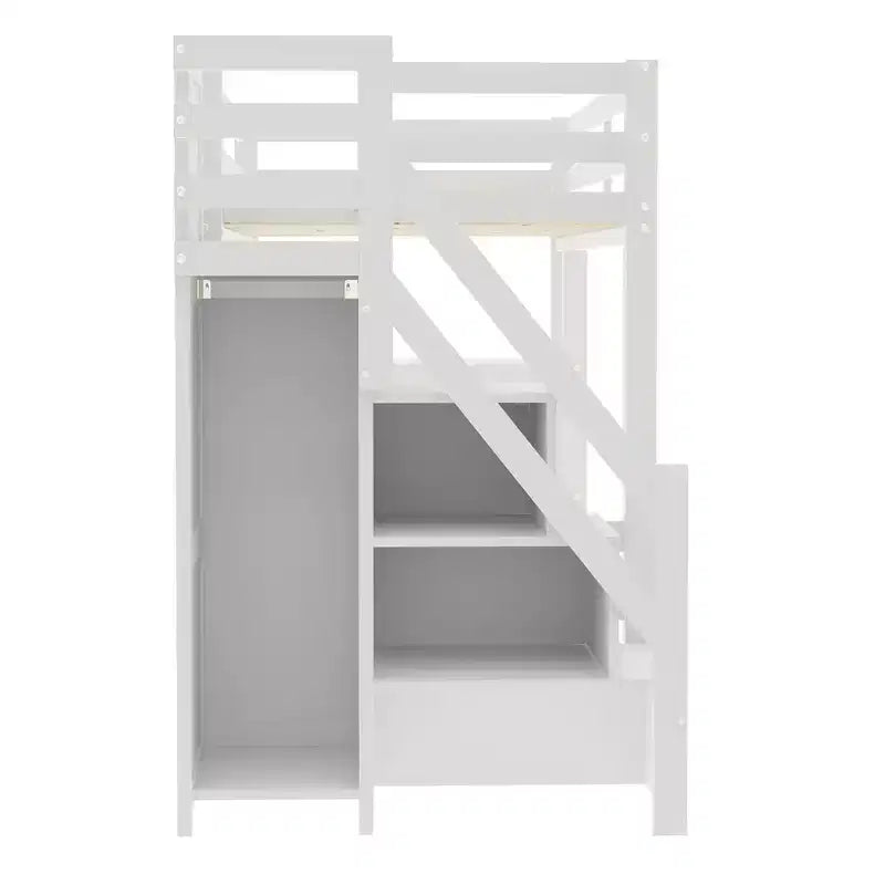 Merax Loft Bed with LED Light, Wardrobe and Ample Storage Space