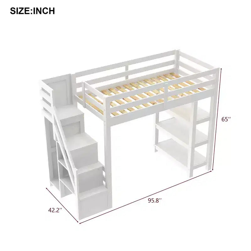 Merax Loft Bed with LED Light, Wardrobe and Ample Storage Space