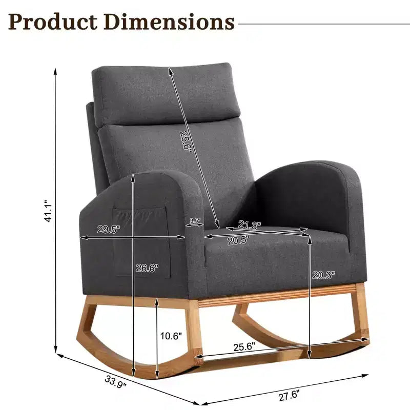 Rocking Chair Nursery with Headrest, Linen Upholstered Glider Rocking Chair with Rubber Wood Legs and Side Pocket, Modern Accent Armchair
