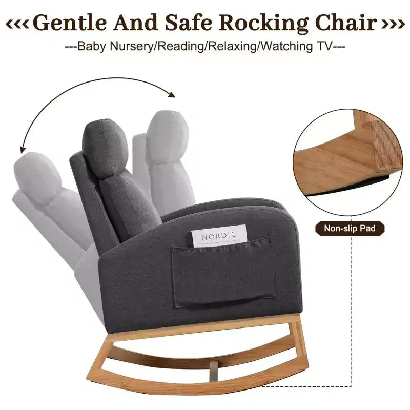 Rocking Chair Nursery with Headrest, Linen Upholstered Glider Rocking Chair with Rubber Wood Legs and Side Pocket, Modern Accent Armchair