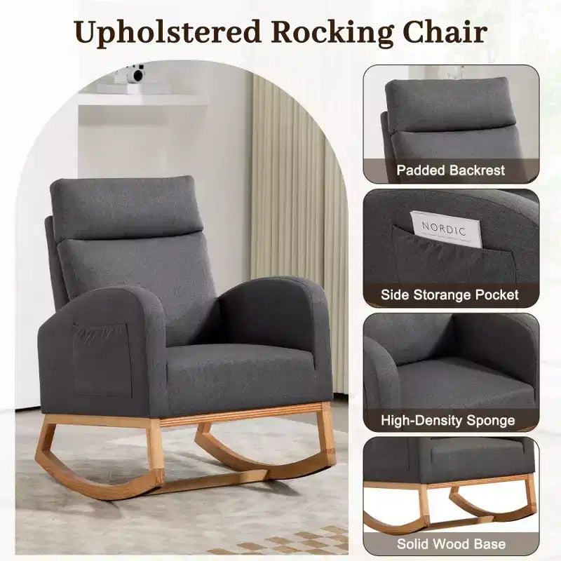 Rocking Chair Nursery with Headrest, Linen Upholstered Glider Rocking Chair with Rubber Wood Legs and Side Pocket, Modern Accent Armchair