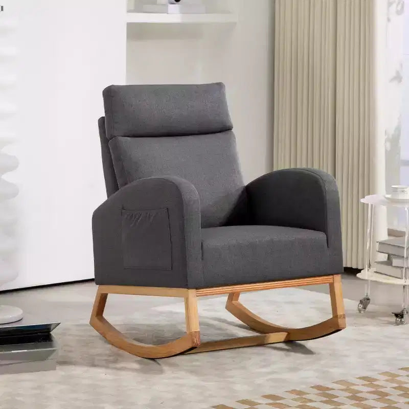 Rocking Chair Nursery with Headrest, Linen Upholstered Glider Rocking Chair with Rubber Wood Legs and Side Pocket, Modern Accent Armchair