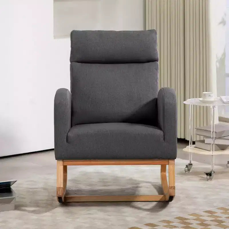 Rocking Chair Nursery with Headrest, Linen Upholstered Glider Rocking Chair with Rubber Wood Legs and Side Pocket, Modern Accent Armchair