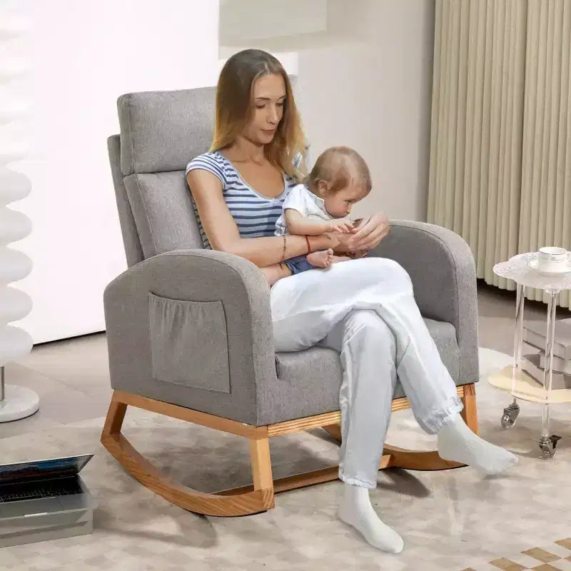 Rocking Chair Nursery with Headrest, Linen Upholstered Glider Rocking Chair with Rubber Wood Legs and Side Pocket, Modern Accent Armchair
