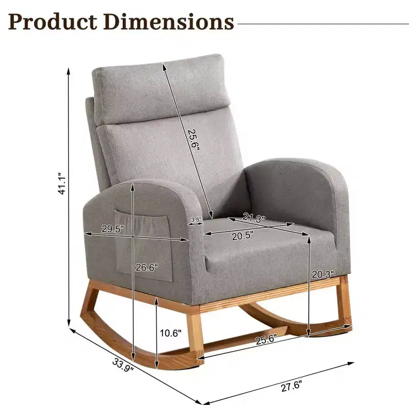 Rocking Chair Nursery with Headrest, Linen Upholstered Glider Rocking Chair with Rubber Wood Legs and Side Pocket, Modern Accent Armchair