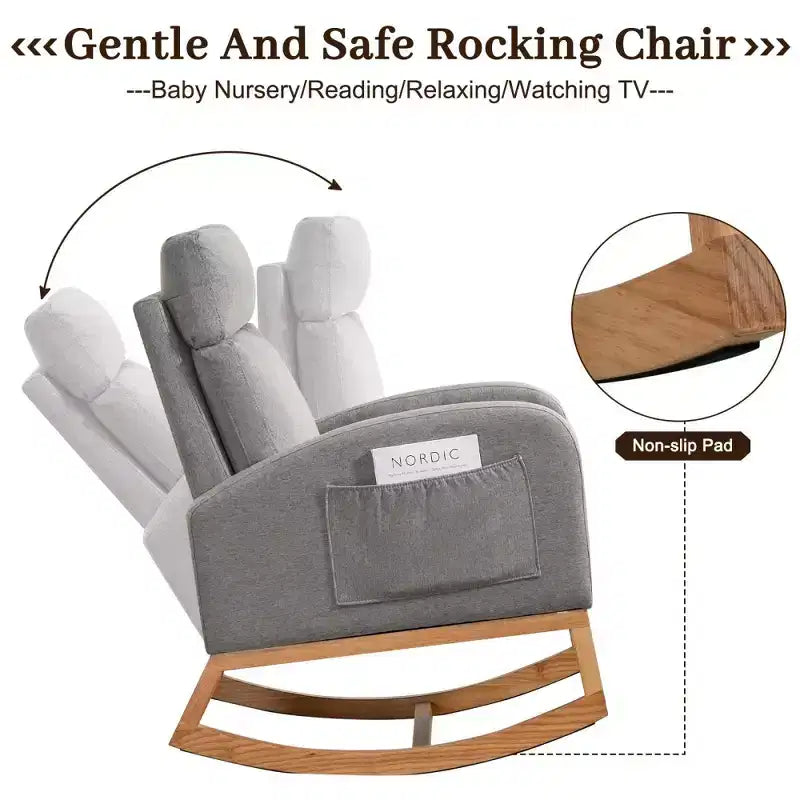 Rocking Chair Nursery with Headrest, Linen Upholstered Glider Rocking Chair with Rubber Wood Legs and Side Pocket, Modern Accent Armchair