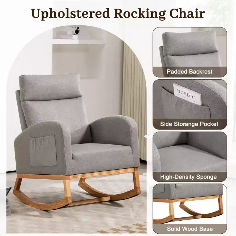 Rocking Chair Nursery with Headrest, Linen Upholstered Glider Rocking Chair with Rubber Wood Legs and Side Pocket, Modern Accent Armchair