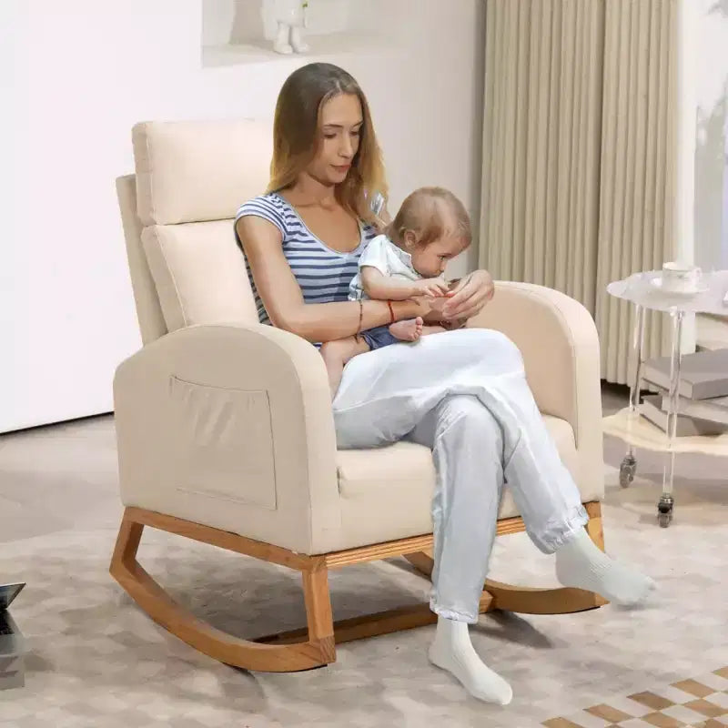 Rocking Chair Nursery with Headrest, Linen Upholstered Glider Rocking Chair with Rubber Wood Legs and Side Pocket, Modern Accent Armchair