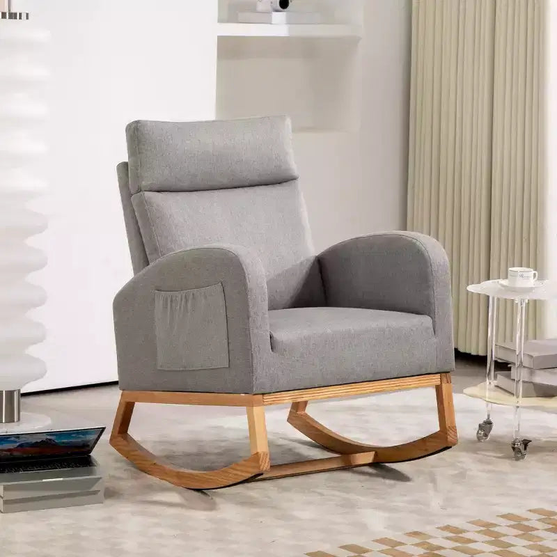 Rocking Chair Nursery with Headrest, Linen Upholstered Glider Rocking Chair with Rubber Wood Legs and Side Pocket, Modern Accent Armchair