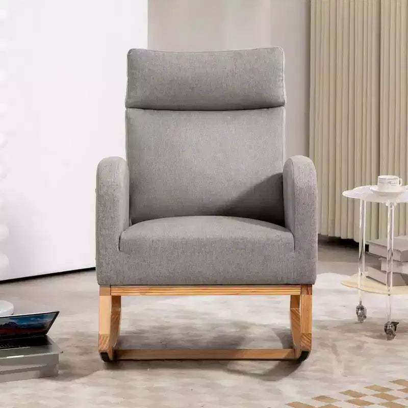 Rocking Chair Nursery with Headrest, Linen Upholstered Glider Rocking Chair with Rubber Wood Legs and Side Pocket, Modern Accent Armchair