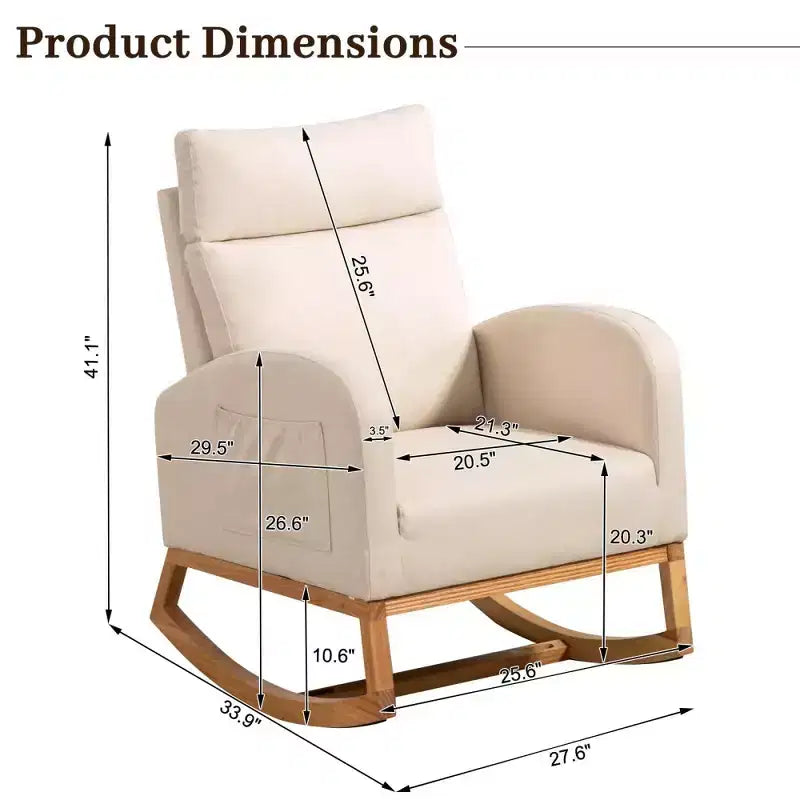 Rocking Chair Nursery with Headrest, Linen Upholstered Glider Rocking Chair with Rubber Wood Legs and Side Pocket, Modern Accent Armchair