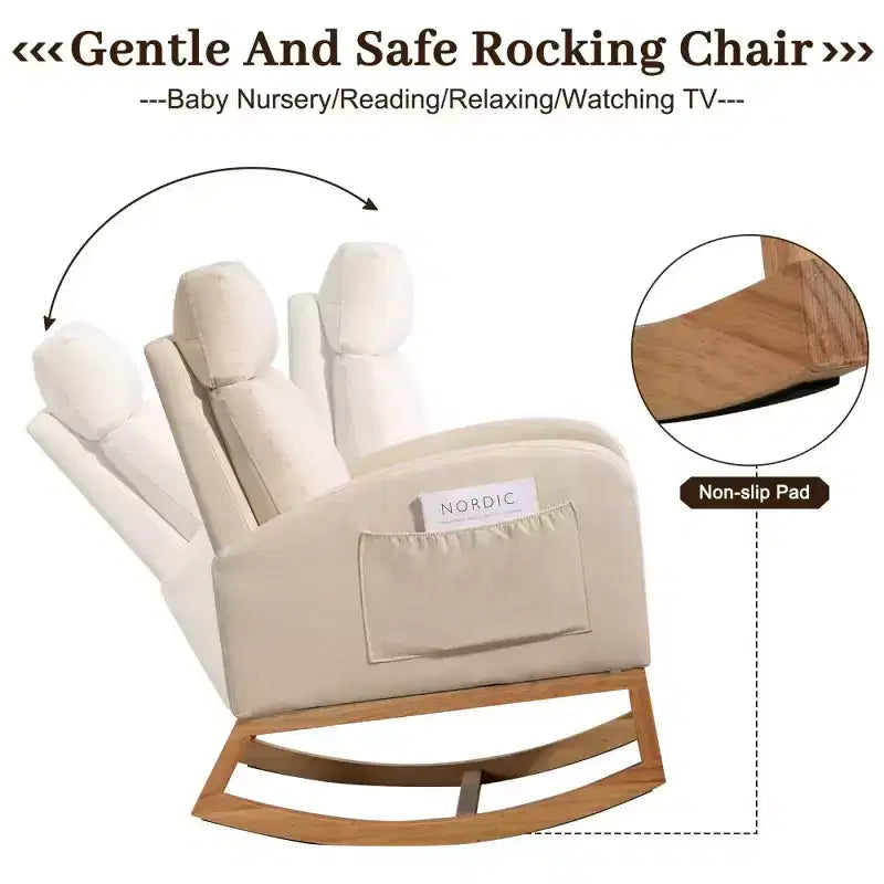 Rocking Chair Nursery with Headrest, Linen Upholstered Glider Rocking Chair with Rubber Wood Legs and Side Pocket, Modern Accent Armchair