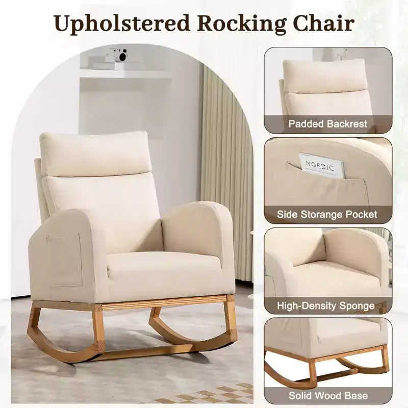 Rocking Chair Nursery with Headrest, Linen Upholstered Glider Rocking Chair with Rubber Wood Legs and Side Pocket, Modern Accent Armchair