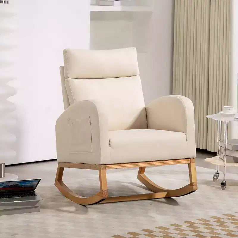 Rocking Chair Nursery with Headrest, Linen Upholstered Glider Rocking Chair with Rubber Wood Legs and Side Pocket, Modern Accent Armchair