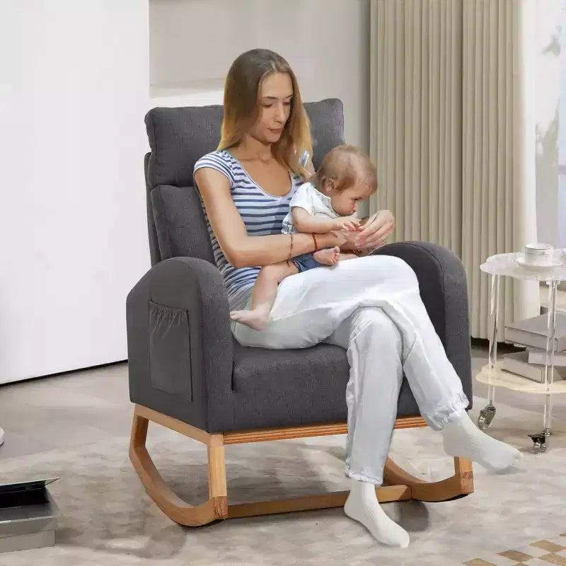 Rocking Chair Nursery with Headrest, Linen Upholstered Glider Rocking Chair with Rubber Wood Legs and Side Pocket, Modern Accent Armchair