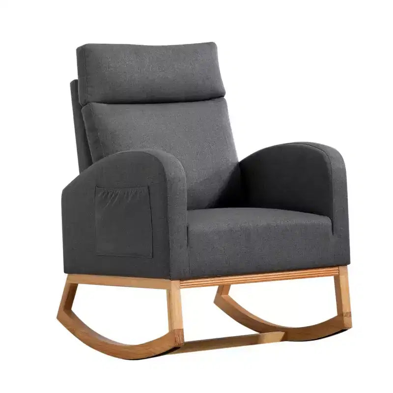 Rocking Chair Nursery with Headrest, Linen Upholstered Glider Rocking Chair with Rubber Wood Legs and Side Pocket, Modern Accent Armchair