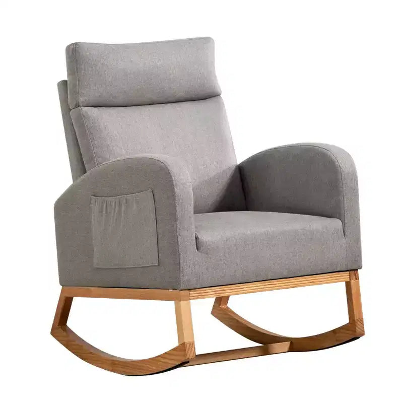 Rocking Chair Nursery with Headrest, Linen Upholstered Glider Rocking Chair with Rubber Wood Legs and Side Pocket, Modern Accent Armchair