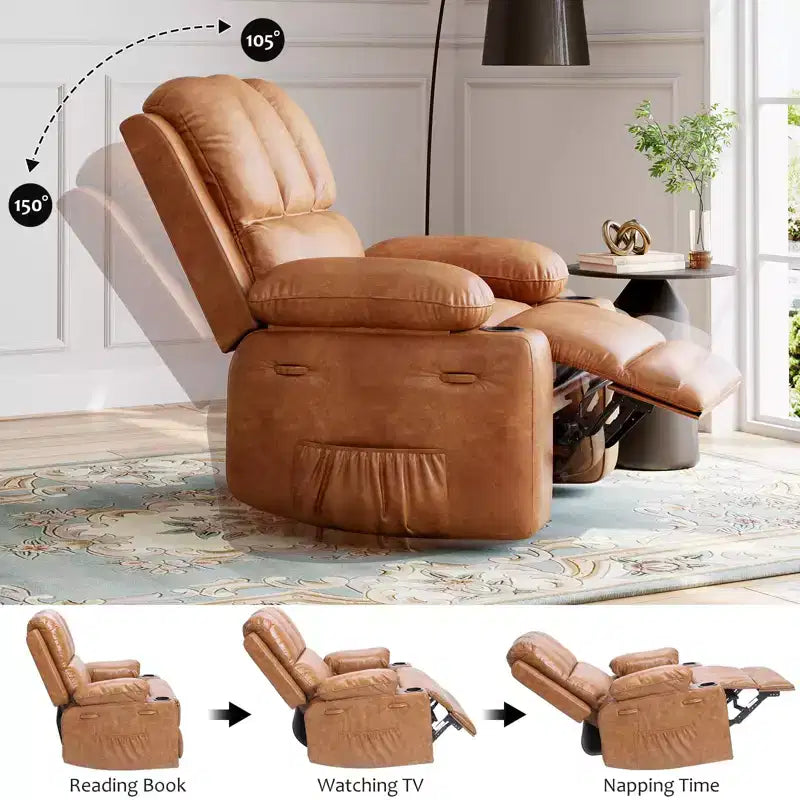 Leather Recliner Chair, Manual Recliner w/Comfortable Arms and Cup Holders for Living Room CF8011