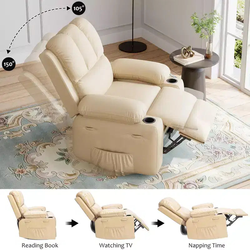 Leather Recliner Chair, Manual Recliner w/Comfortable Arms and Cup Holders for Living Room CF8011