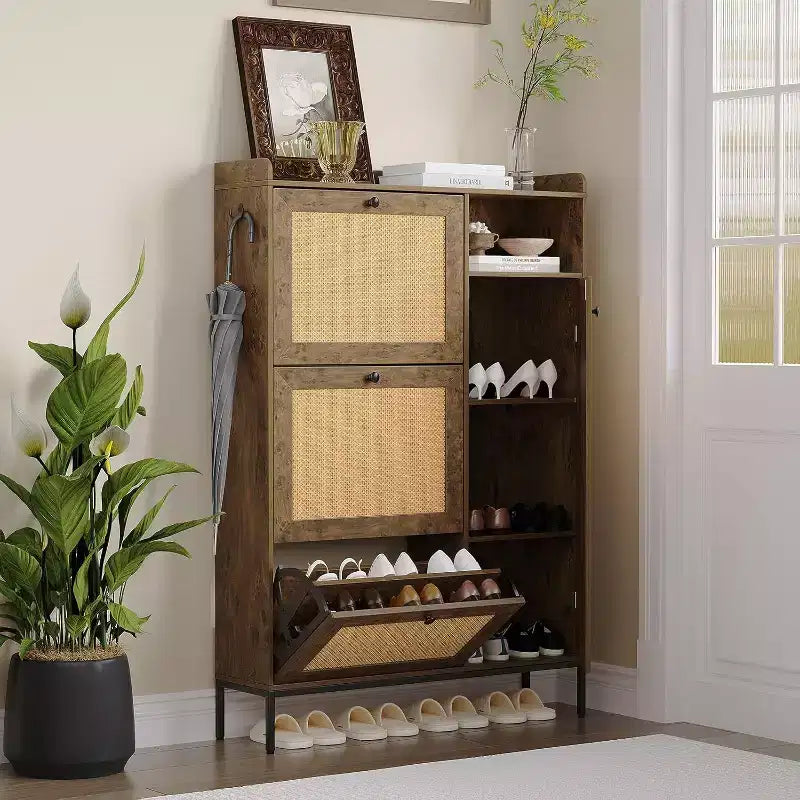 Zstar Shoe cabinet with 3 drawers with flaps in natural rattan, brown