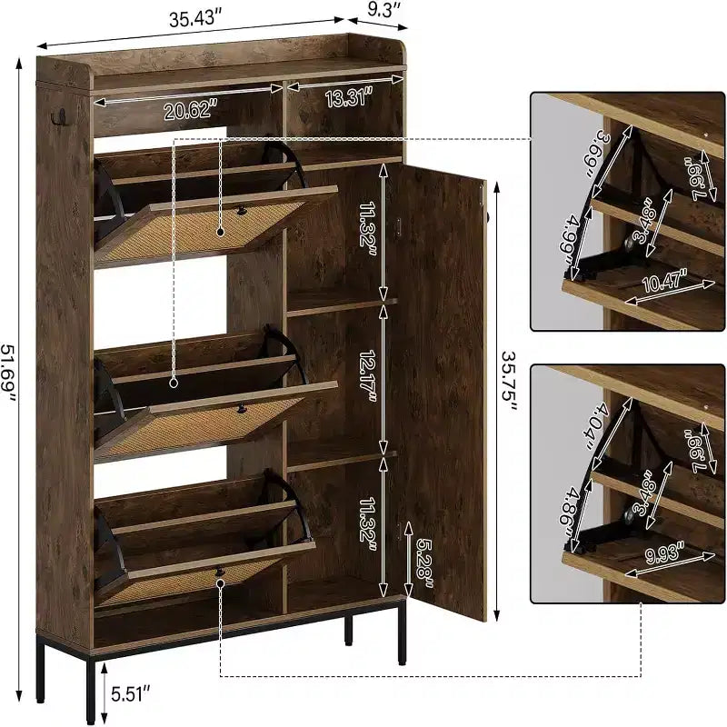 Zstar Shoe cabinet with 3 drawers with flaps in natural rattan, brown