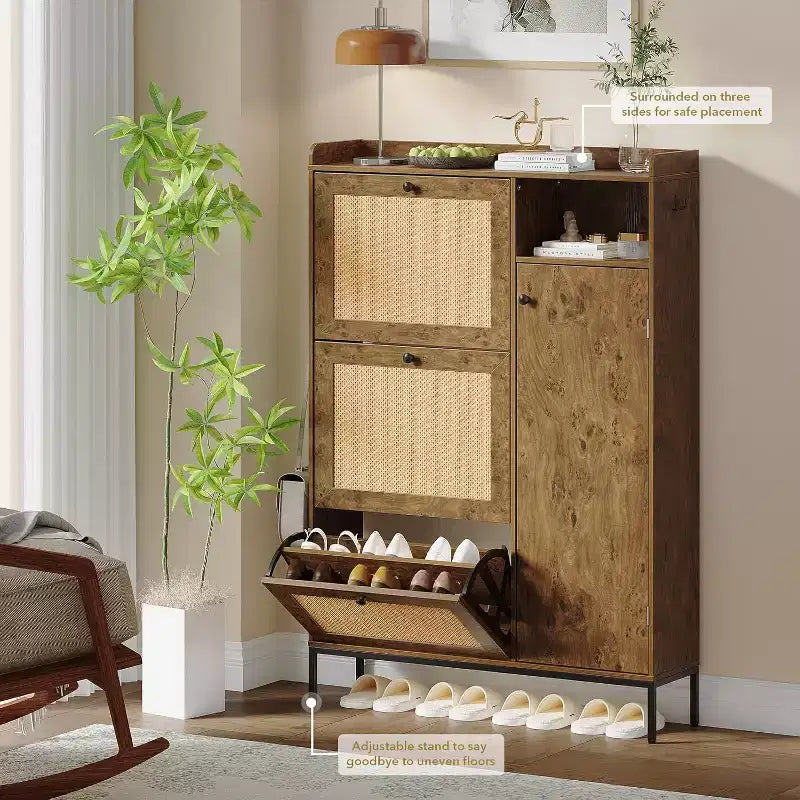 Zstar Shoe cabinet with 3 drawers with flaps in natural rattan, brown
